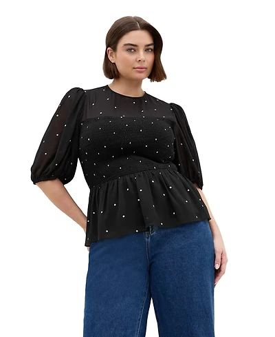 City Chic Plus Esther Spot-Print Shirred Peplum Blouse