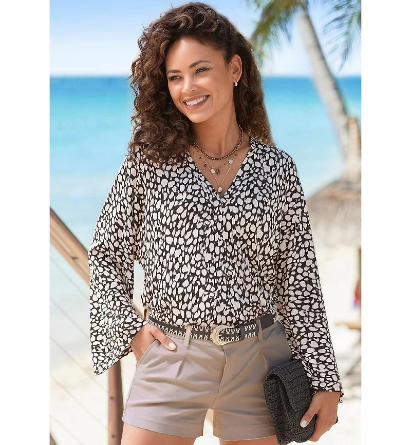 Lascana Women's V-Neck Long-Sleeve Printed Blouse