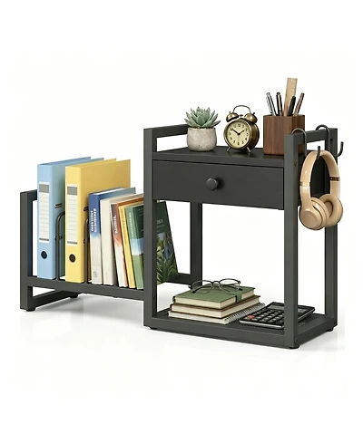 Danrong 2 Tier Wooden Desktop Organizer with Drawer and Hooks Rustic Desk Storage Rack for Home Office Dorm