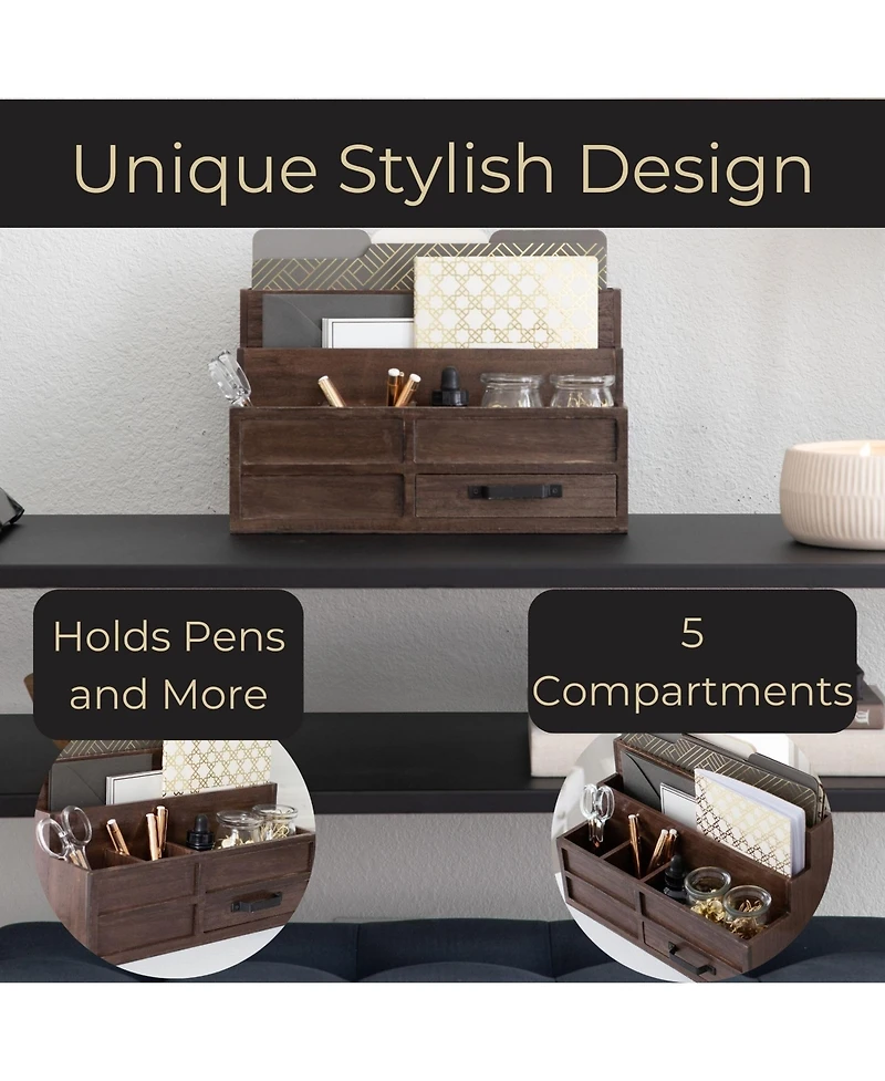 Danrong Rustic Wood Desktop Mail Organizer With Drawer Pen Holder