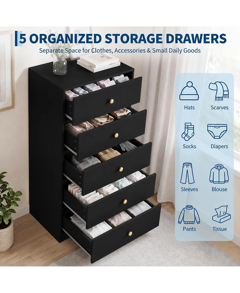 homfan 5-Drawer Tall Chest of Drawers, 45.3 Inch Dresser Cabinet with Waterproof Finish & Smooth Drawer Glides, Bedroom Clothes Storage Organizer
