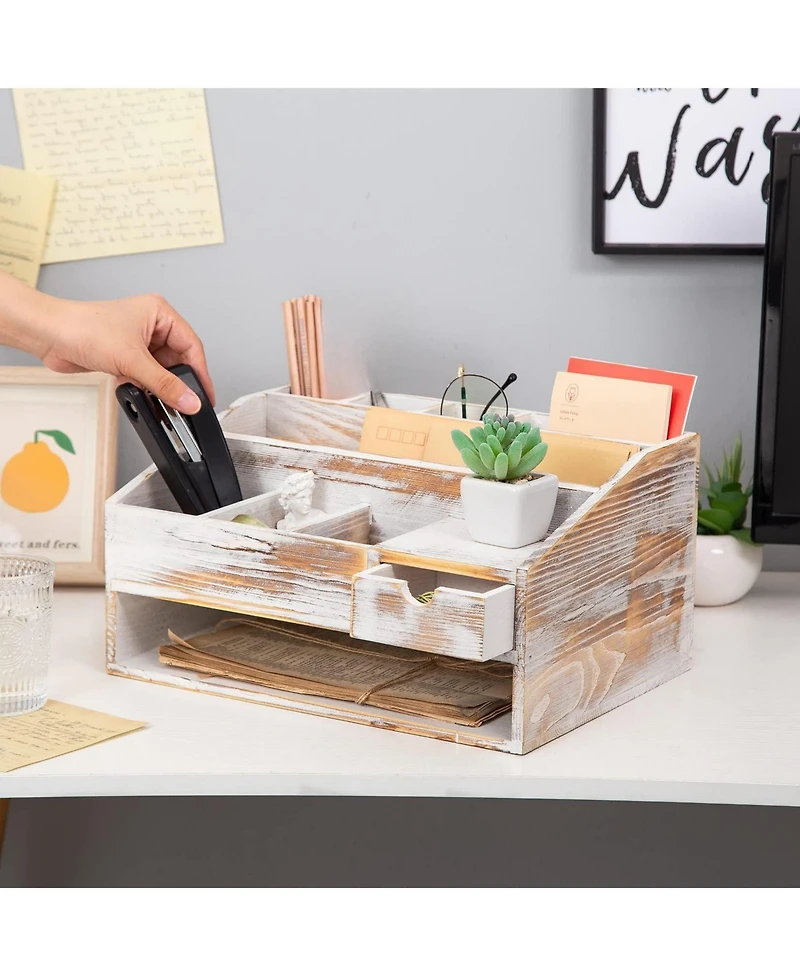 Danrong Rustic Wood Desktop Organizer Multifunctional Office Home Storage