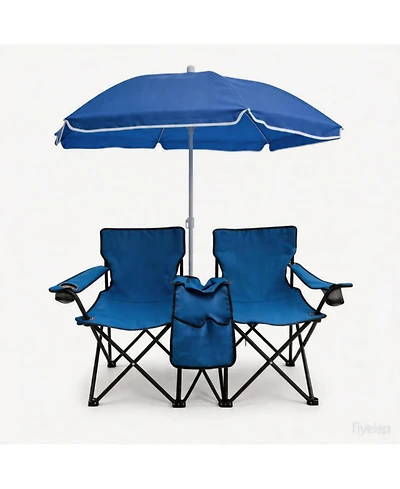 ECHTPeak Portable Double Folding Beach Chair Set with Umbrella, 2-Person Outdoor Camping Chair with Cup Holders, Foldable Patio Chair
