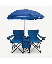 ECHTPeak Portable Double Folding Beach Chair Set with Umbrella, 2-Person Outdoor Camping Chair with Cup Holders, Foldable Patio Chair