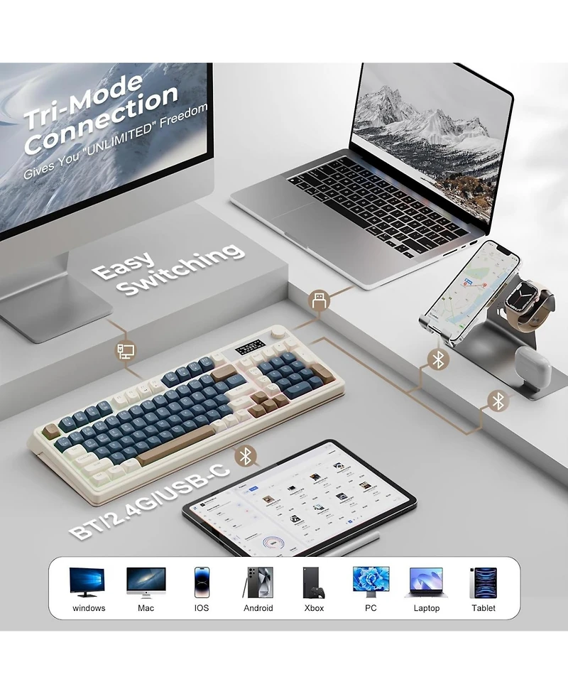 Aula S99 Pro, 99-Key, Wireless, Membrane, Gaming Keyboard, Rgb, 5-Layer Padding, 2000 mAh Battery, Knob, Digital Screen