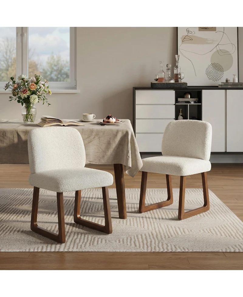Flynama Set of 2 Boucle Fabric Dining Chairs, Curved Wood Leg Multi-Material Frame 300lbs Capacity