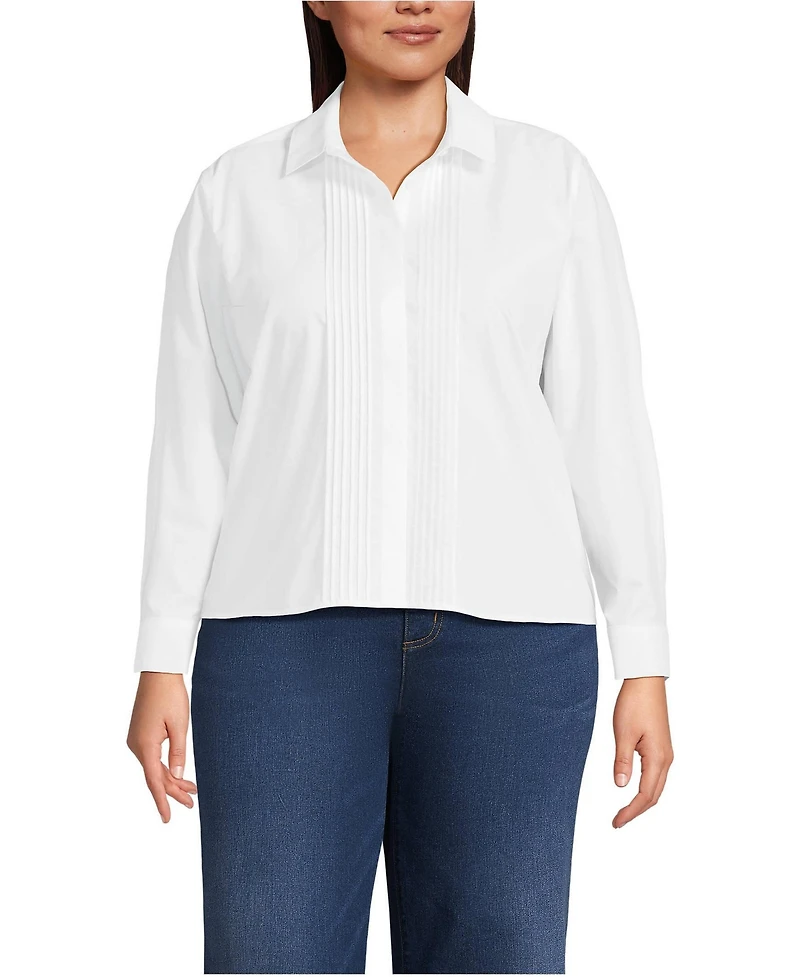 Lands' End Plus Size Long-Sleeve Cropped Pintuck Shirt