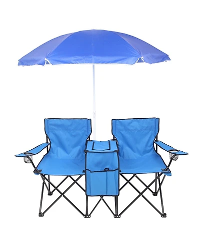 Mountaintop Double Folding Picnic Chairs w/Umbrella Mini Table Beverage Holder Carrying Bag for Beach Patio Pool