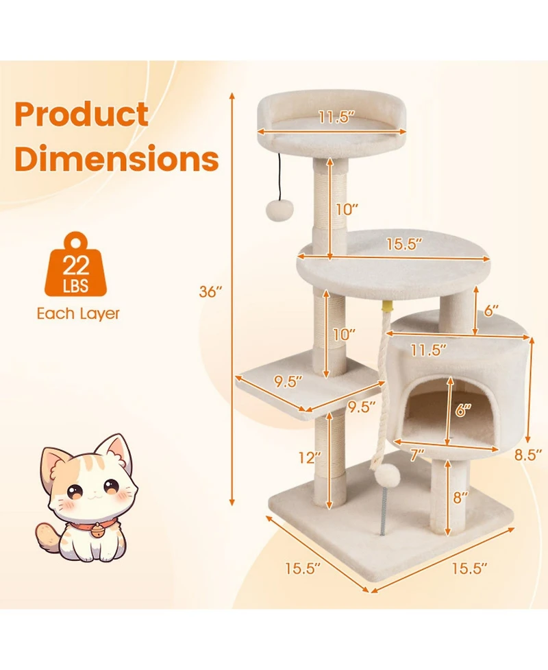 Sugift Corner Friendly Kitten Tower 36 Inch Cat Tree with Condo and Plush Perch
