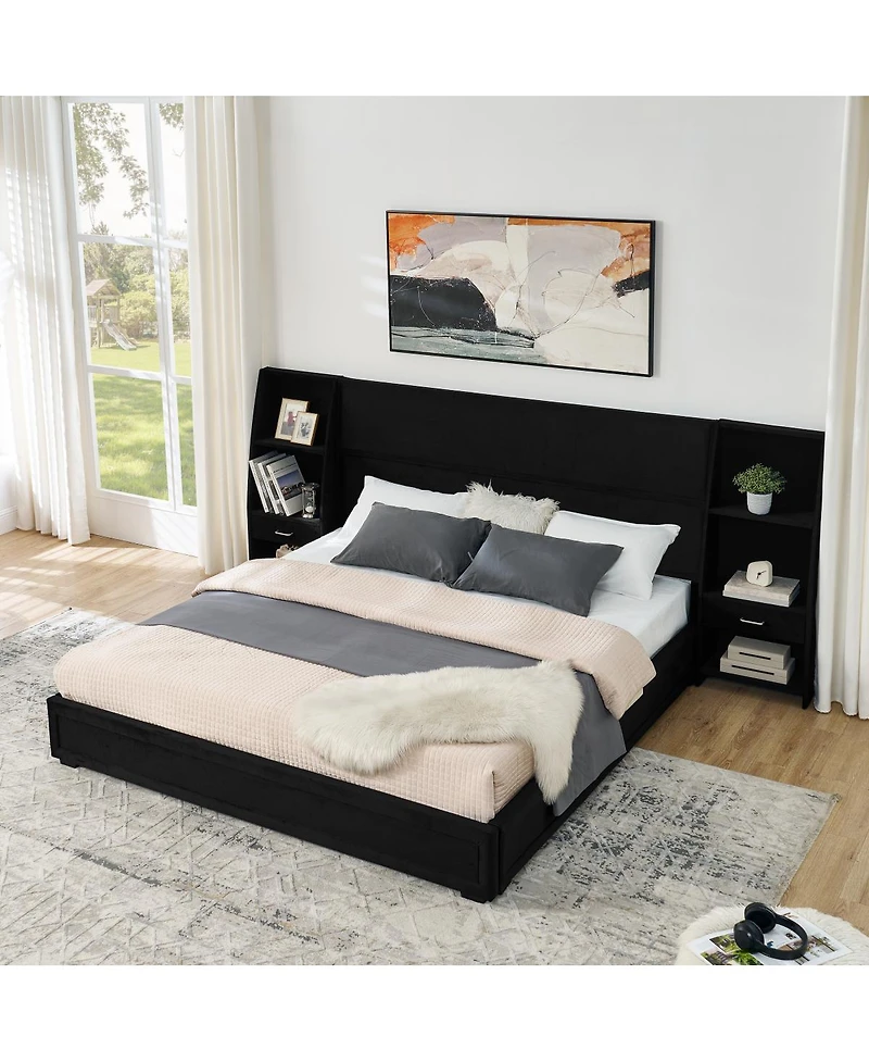 Streamdale Furniture King Size Velvet Storage Platform Bed with Bookcases and Drawer
