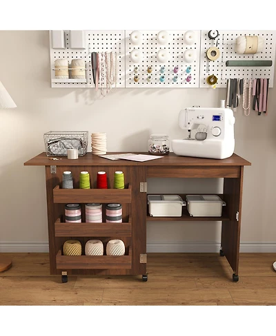 Streamdale Furniture Walnut 4-in-1 Folding Sewing Table and Craft Station with Wheels