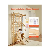 Slickblue 8 in 1 Wooden Wall Gym Ladder with Swing and Climbing Accessories, 220 lbs Capacity, Ages 3-10