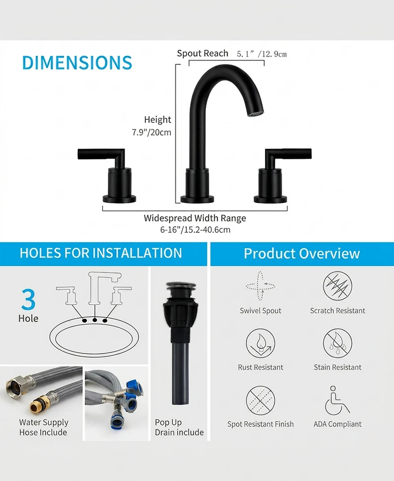 Thirtypeachy Widespread Bathroom Sink Faucet with Dual Handles, 360degree(s) Swivel High Arc Spout and Pop-Up Drain, 3-Hole Deck Mount