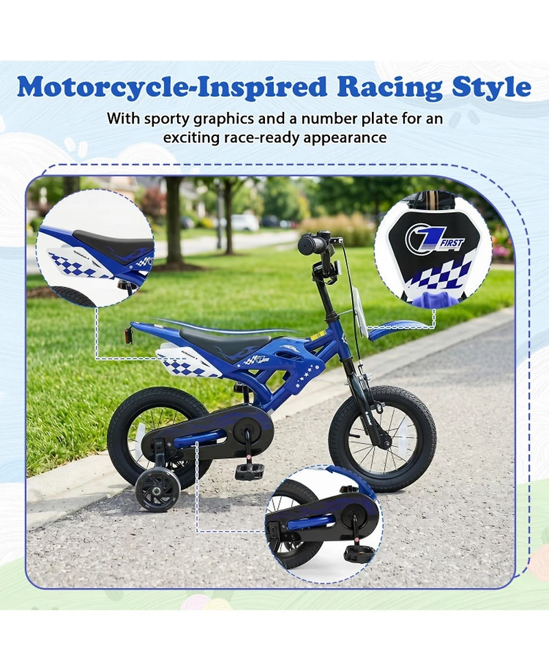 Sugift 12 in Motorcycle-Style Kids Bike with Training Wheels, Ages 3-4