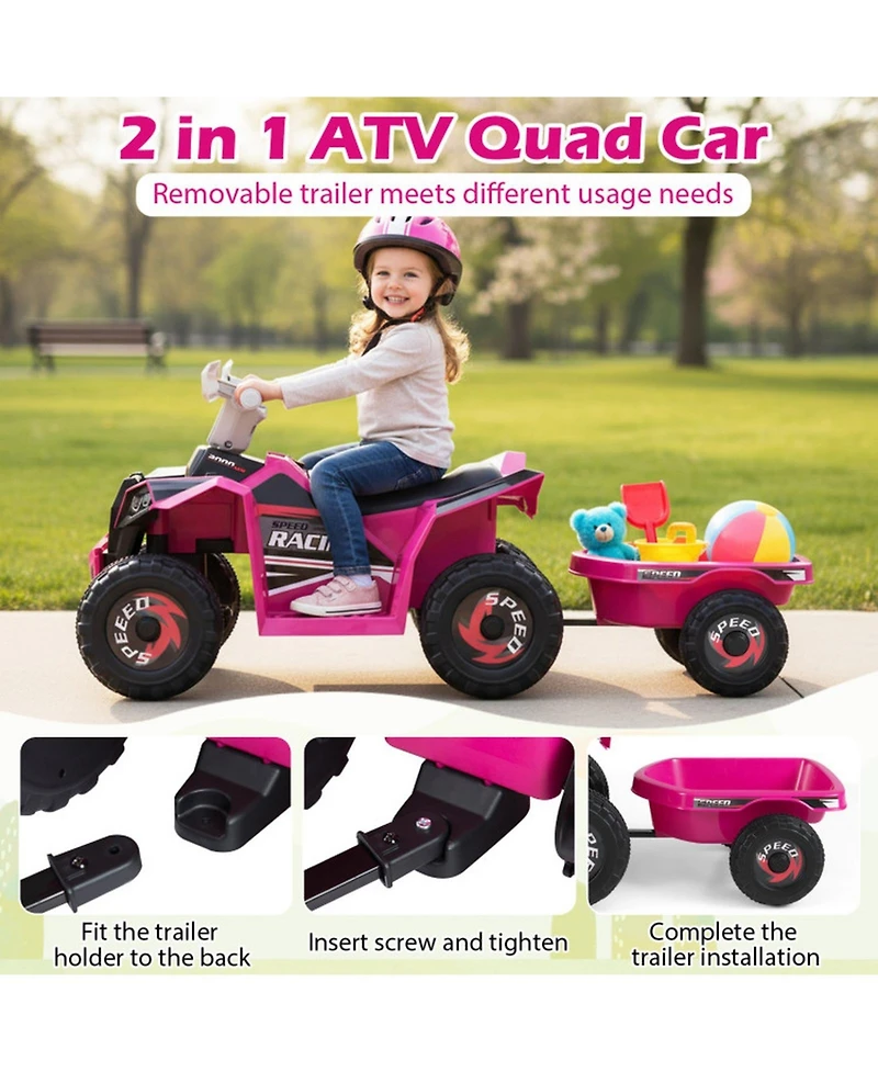 Hongge 6V Electric Atv Quad 2-in-1 with Detachable Cargo Trailer, 66 lbs Capacity, Ages 3+