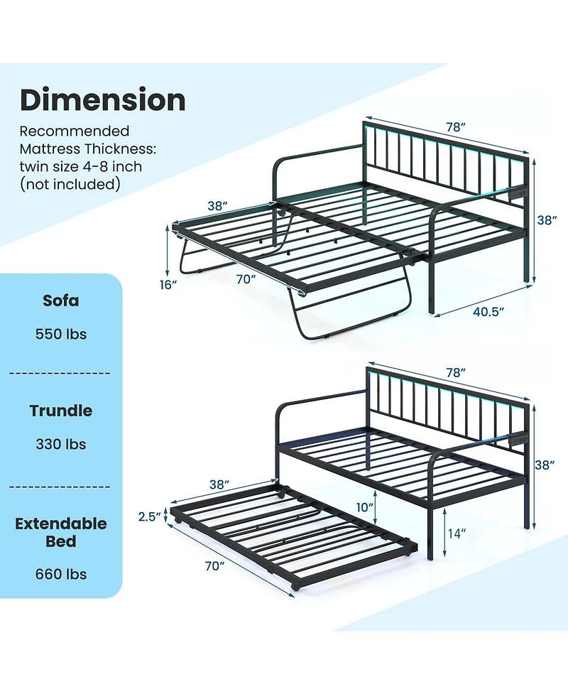 Mecale Twin Daybed with Pop-Up Trundle, Charging Station, Led Lights