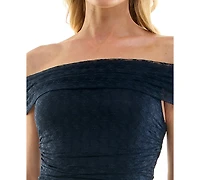 Beauty & Grace Juniors' Lea Off-the-Shoulder Lace Ruched Maxi Dress