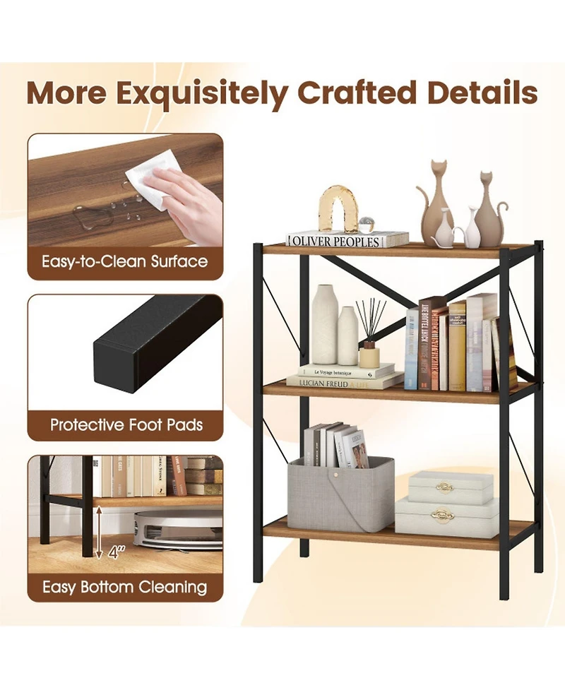 Sugift 3-Tier Open Bookshelf with Heavy-Duty X-Braced Metal Frame