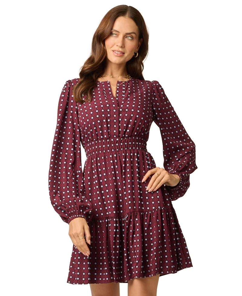 Adrianna Papell Women's Sophia Long-Sleeve A-Line Split Neck Dress