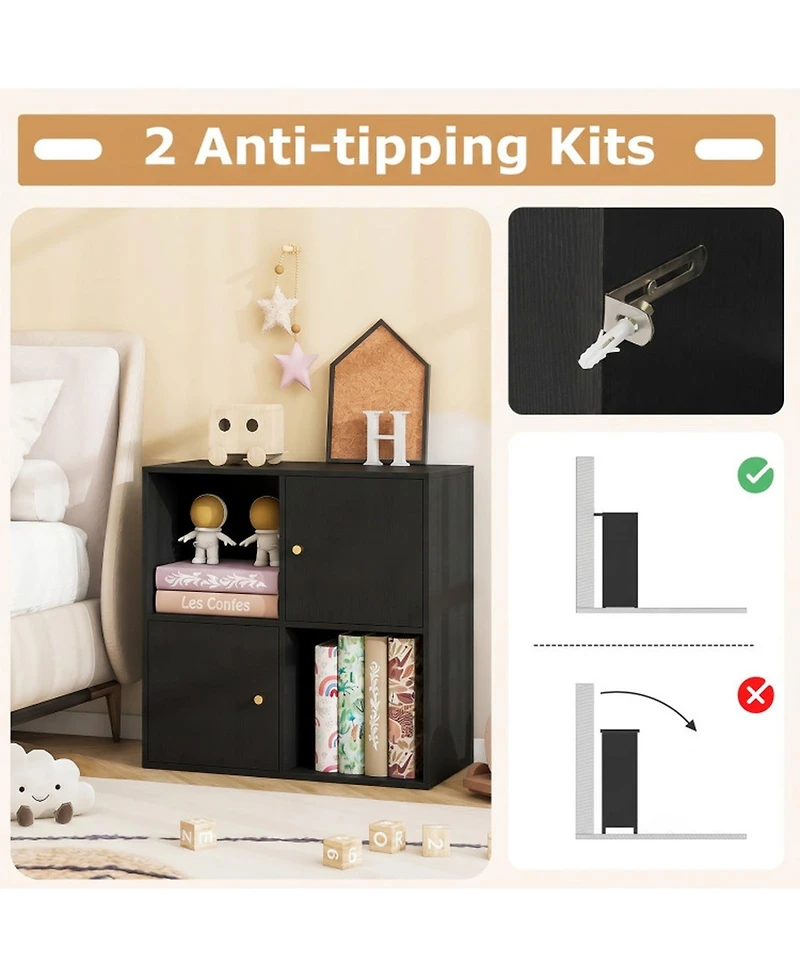 Sugift 4-Cube 3-Tier Bookcase with 2 Cabinets and Anti-Tipping Kits