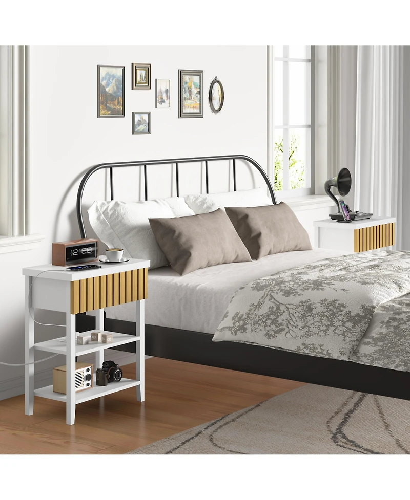 Flynama Set of 2 Fluted Nightstands with Charging Station, Farmhouse Side Table with Drawer and Open Shelves