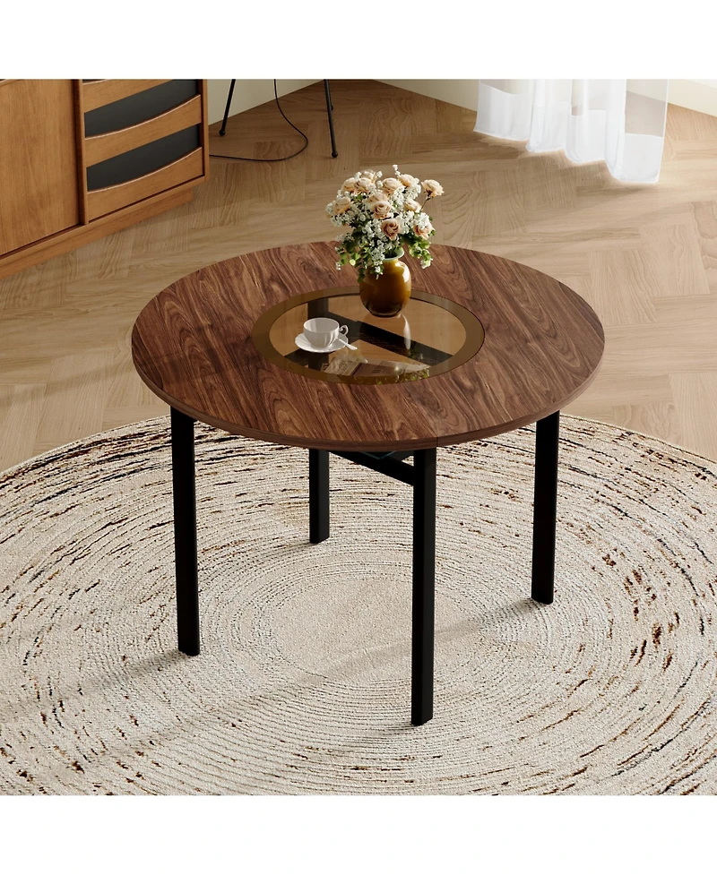 Flynama Round Wood Grain Dining Table with Glass Inlay and Glass Shelf