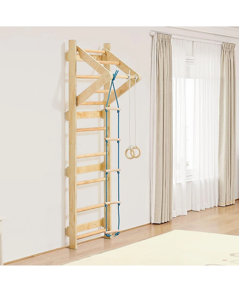 Slickblue 4 in 1 Swedish Ladder Wall Gym with Gym Rings and Pull Up Bar