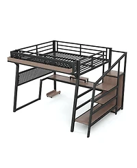 Streamdale Furniture Queen Loft Bed with Storage Stairs, Wardrobe, Led Lights and Usb