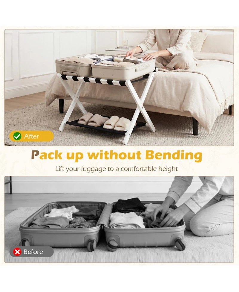 Sugift Folding Solid Rubberwood Luggage Rack for Guest Room with 2-Tier Nylon Shelves
