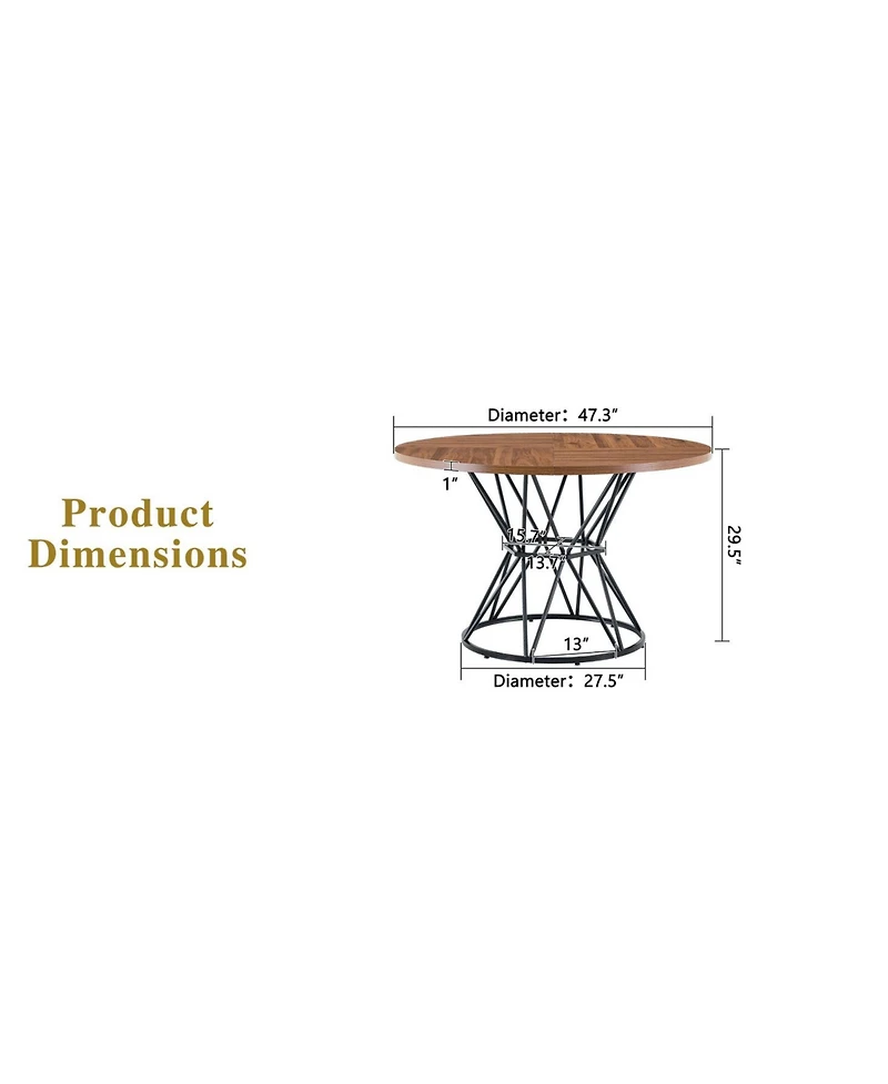 Flynama 47.3 Inch Walnut Wood Grain Round Dining Table with Hourglass Metal Bracket for 4-6 People