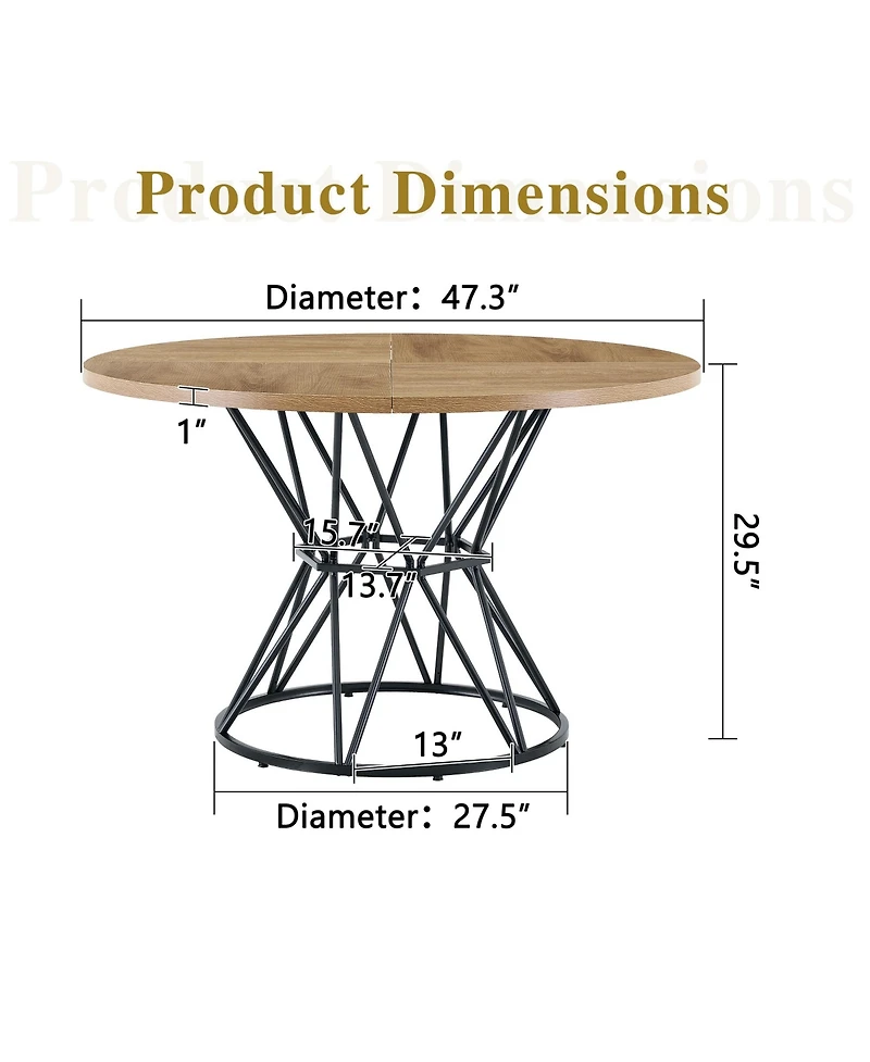 Flynama 47.3 Inch Light Wood Grain Round Dining Table with Hourglass Metal Bracket for 4-6 People