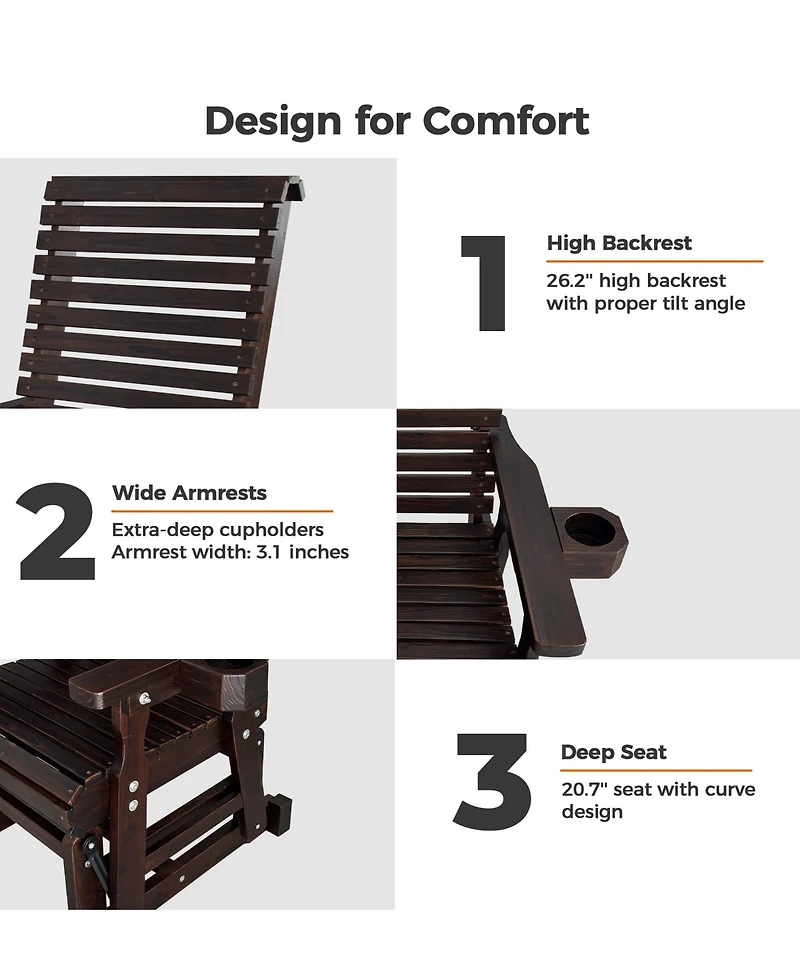 Mega Casa Solid Wood Outdoor Glider Chair, All-Weather High Back Patio Rocker with Dual Cup Holders