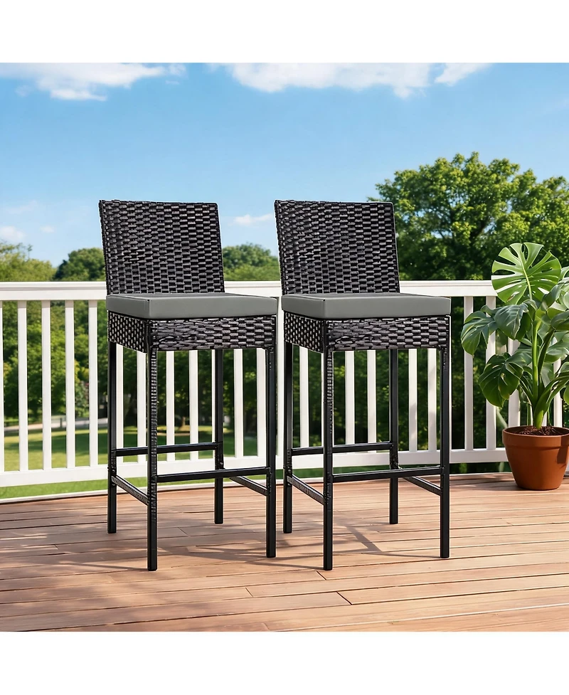 homfan Set of 2 Outdoor Wicker Bar Stools with Cushions, Rattan Counter Height Bar Chairs with Footrest