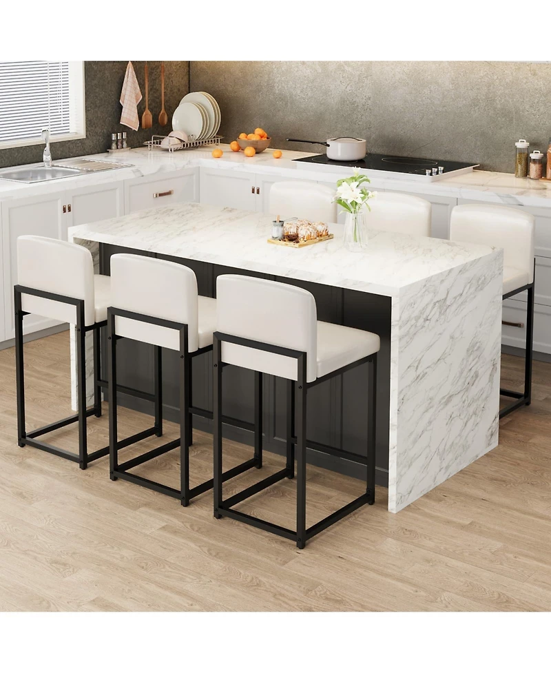 gaomon White Bar Stools Set of 6 Counter Height Faux Leather Upholstered Chairs with Backrest Sturdy Metal Legs for Kitchen Island Dining Room