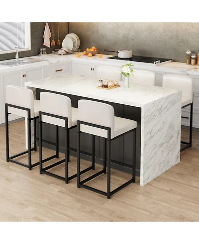 gaomon White Bar Stools Set of 6 Counter Height Faux Leather Upholstered Chairs with Backrest Sturdy Metal Legs for Kitchen Island Dining Room