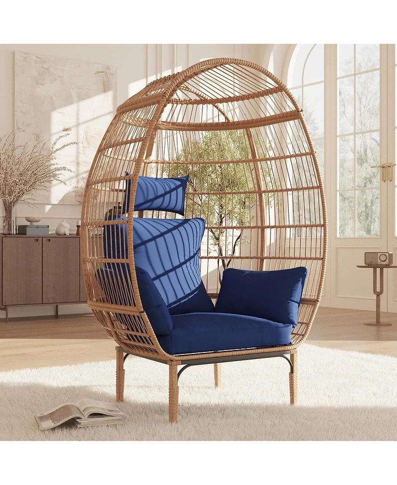 Wicker Egg Chair, Oversized Indoor Outdoor Lounge Chair with Soft Thick Cushion, 500 Lbs Capacity for Balcony, Living Room, Backyard