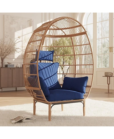 Wicker Egg Chair, Oversized Indoor Outdoor Lounge Chair with Soft Thick Cushion, 500 Lbs Capacity for Balcony, Living Room, Backyard