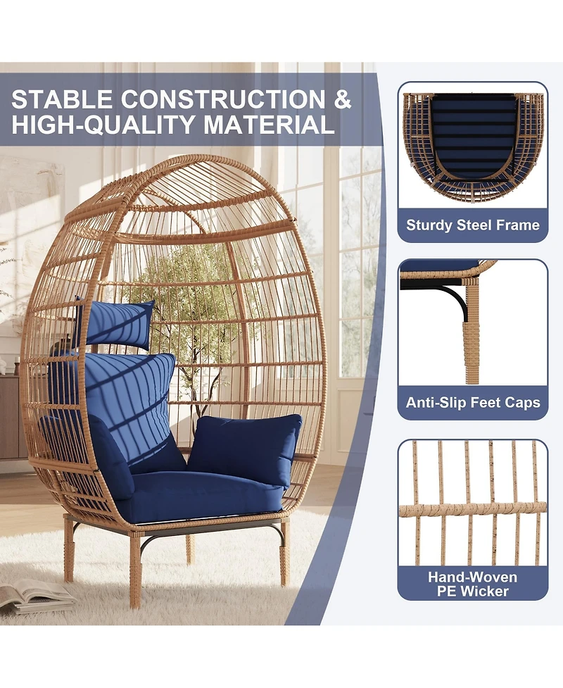 Wicker Egg Chair, Oversized Indoor Outdoor Lounge Chair with Soft Thick Cushion, 500 Lbs Capacity for Balcony, Living Room, Backyard