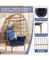 Wicker Egg Chair, Oversized Indoor Outdoor Lounge Chair with Soft Thick Cushion, 500 Lbs Capacity for Balcony, Living Room, Backyard
