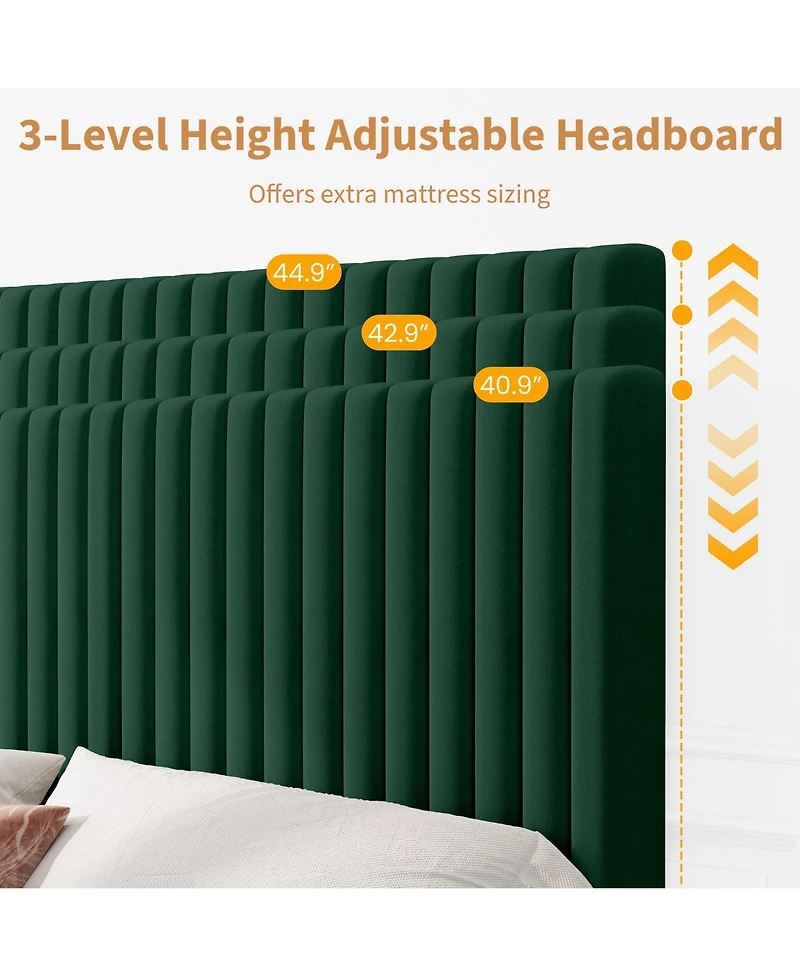 Gaomon Velvet Upholstered Platform Bed Frame with Adjustable Headboard, Vertical Channel Tufted, Strong Wooden Slats