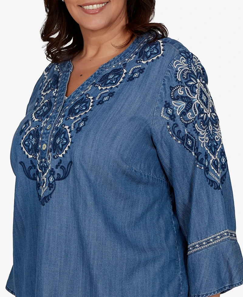 Alfred Dunner Plus Embroidered Henley Denim Blouse