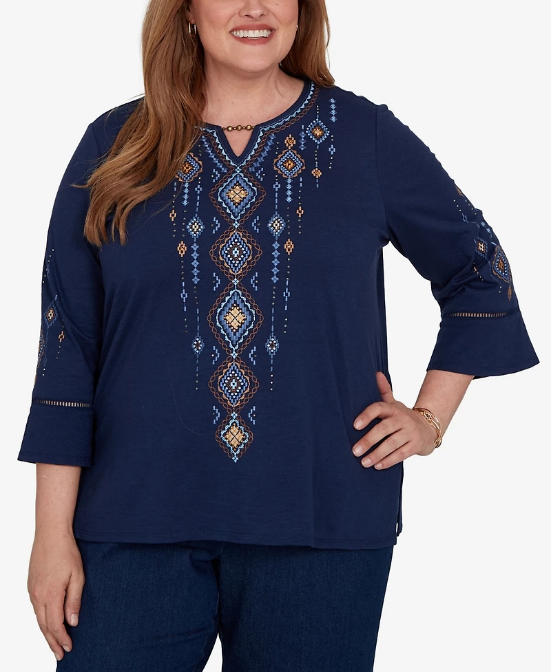 Alfred Dunner Plus Keyhole Neck 3/4-Length Bell-Sleeve Top