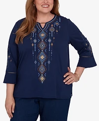 Alfred Dunner Plus Keyhole Neck 3/4-Length Bell-Sleeve Top
