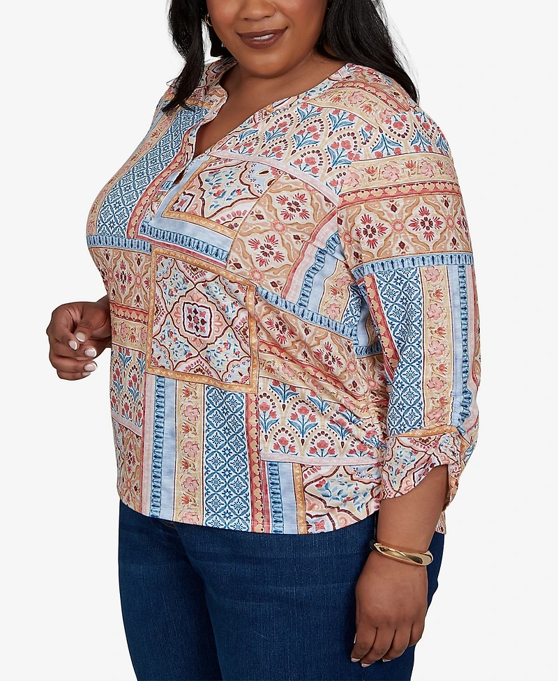 Alfred Dunner Plus 3/4-Sleeve Patchwork-Print Blouse