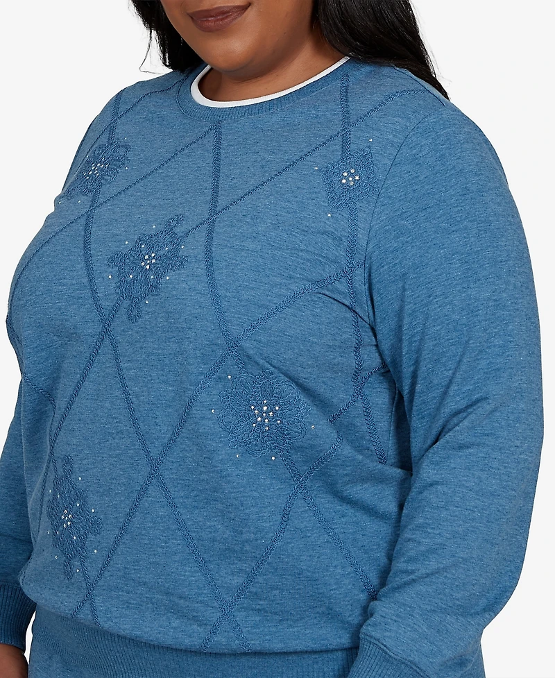 Alfred Dunner Plus Crewneck Long-Sleeve Argyle With Rhinestone Embellishments Top