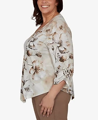 Alfred Dunner Plus Floral-Print V-Neck 3/4-Sleeve Blouse