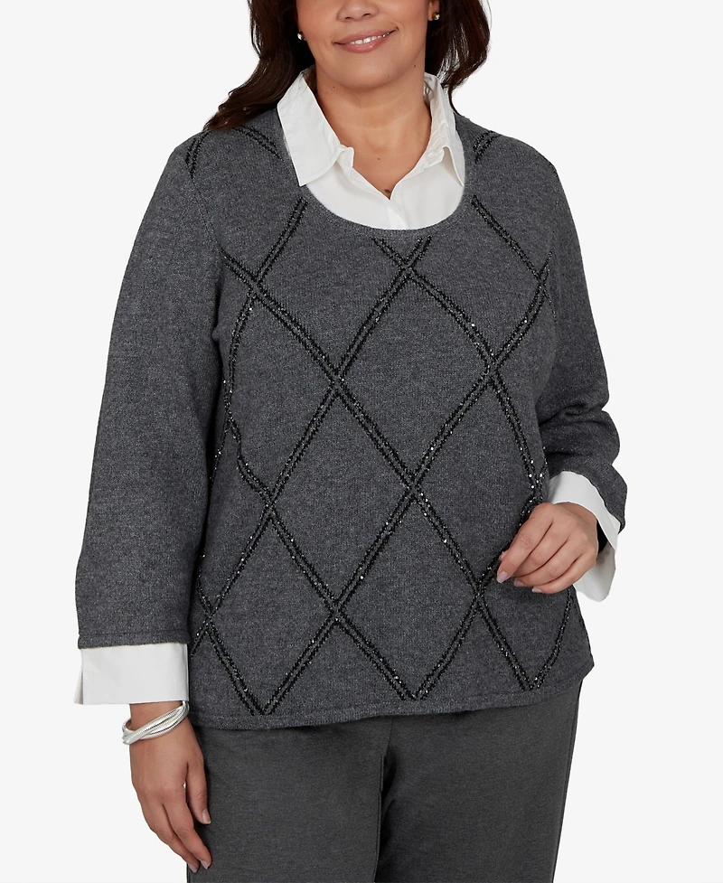 Alfred Dunner Plus Sequin 3/4-Length Sleeve Sweater