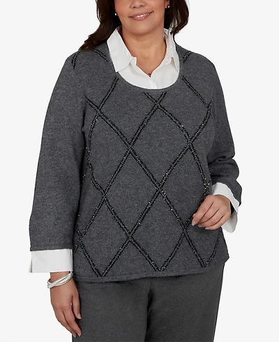 Alfred Dunner Plus Sequin 3/4-Length Sleeve Sweater