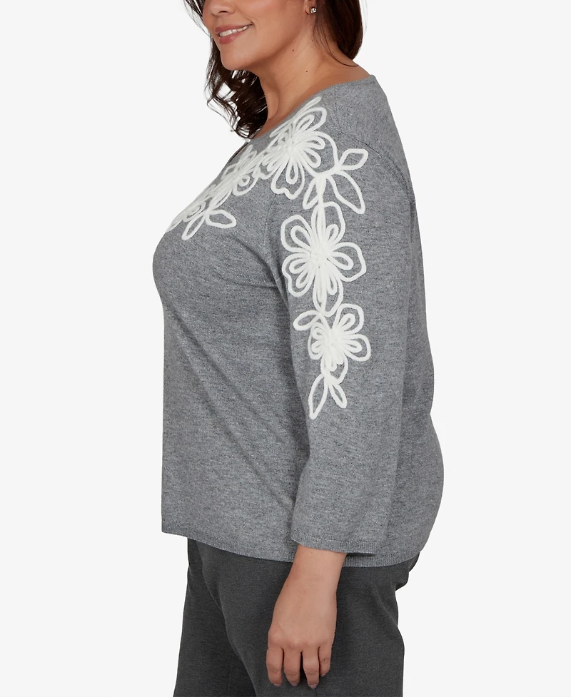 Alfred Dunner Plus 3/4-Sleeve Keyhole Neck Floral Embroidery Sweater