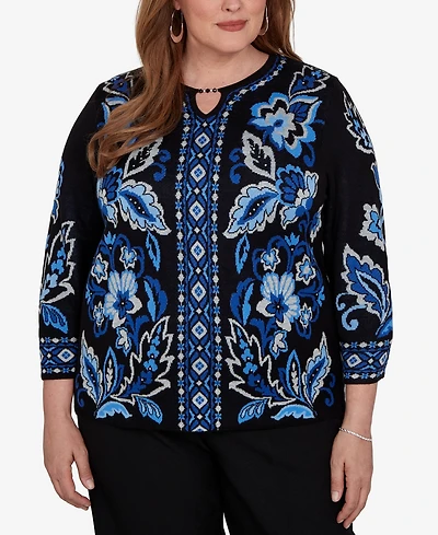 Alfred Dunner Plus Keyhole Neck 3/4-Sleeve Pullover Sweater